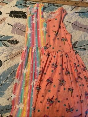 Girls' Coral & Rainbow Unicorn Print Sleeveless Dresses - lot of 2 dresses